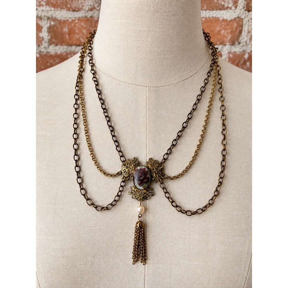 Vintage Draped Cameo Tassel Necklace Victorian Style Gothic Coquette Renaissance